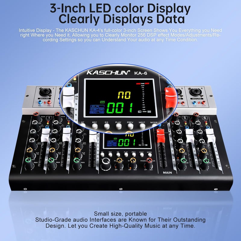 Kaschun KA-6 6-Channel Professional Audio Mixer with Large LED Display, 256 DSP Effects, Portable Design – Ideal for Recording Studios, Live Broadcasts & Multi-Functional Use​ - Image 4